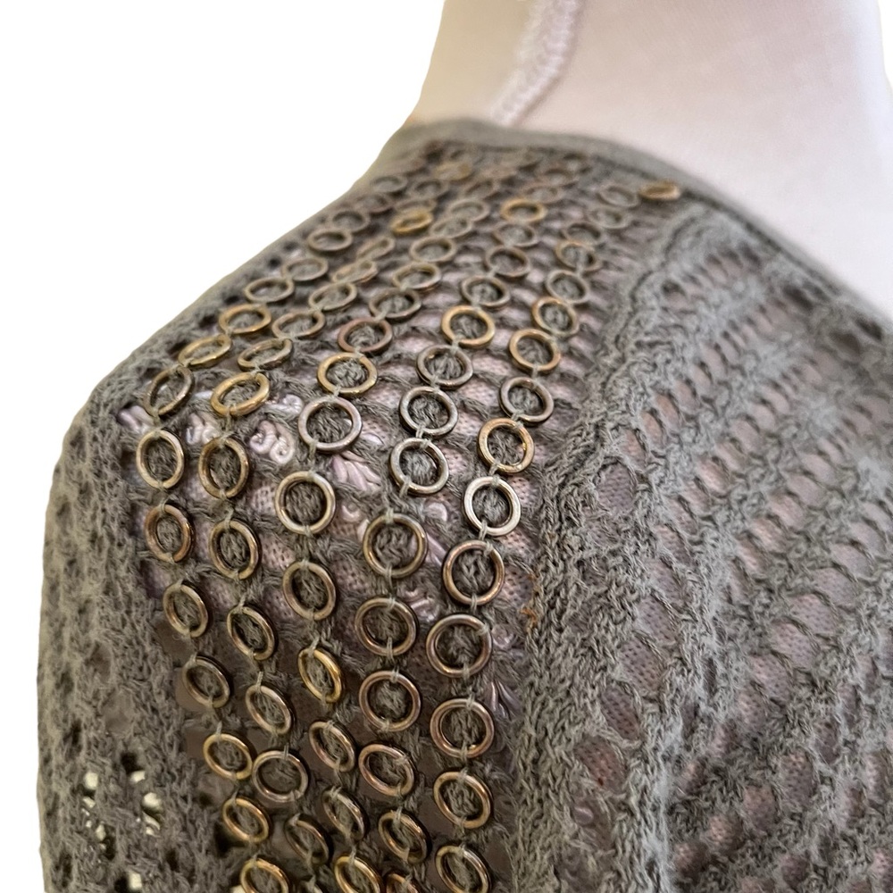 Chico's Olive Green Open Knit V-Neck Top with Metal Shoulder Detail - Picture 3 of 7